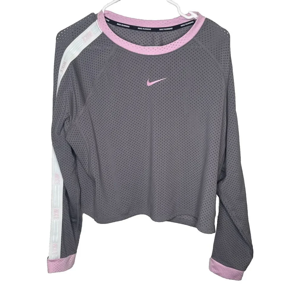 Nike Dri-Fit Cropped Top Womens XL Gray Pink Mesh Long Sleeve Running Workout
